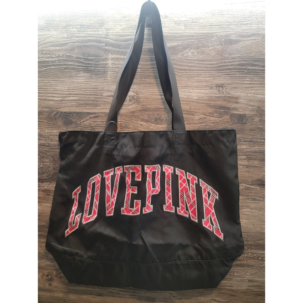 Nwt Victoria's Secret Love PINK Black & Plaid Large Tote Bag  Zipper closure